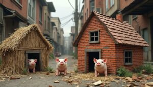 la fondation pour le logement réinterprète le conte des trois petits cochons afin de sensibiliser le grand public au problème du mal-logement et promouvoir des solutions durables.